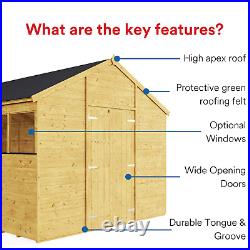 Wooden Garden Shed 10x8 Apex Roof Outdoor Storage T&G Windows Double Door Expert